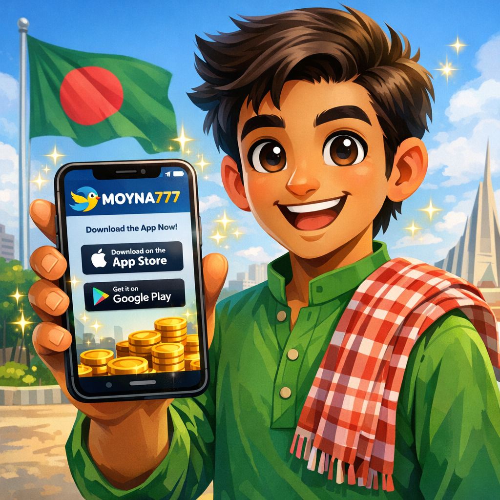 Moyna777 app themed cartoon character holding a phone with app interface and coins