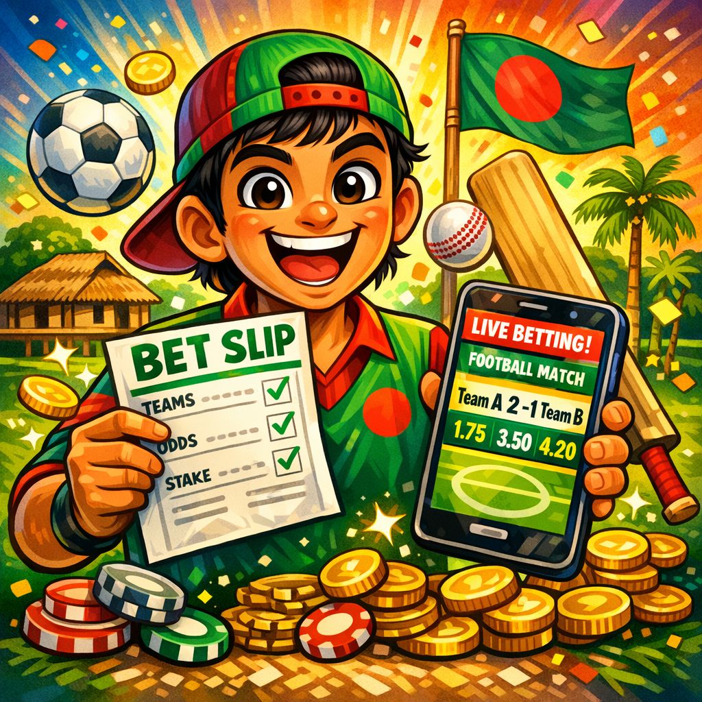 Moyna777 themed cartoon character holding a betting slip with sports icons and coins