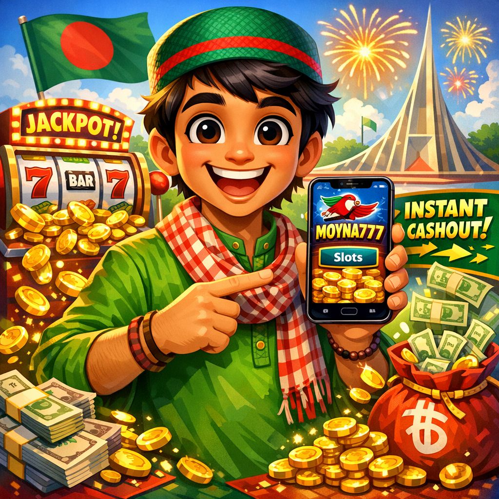 Moyna777 cartoon casino scene with a character holding a phone, slot reels, and coins