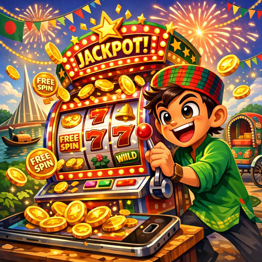 Cartoon character spinning a slot machine with coins and jackpot lights